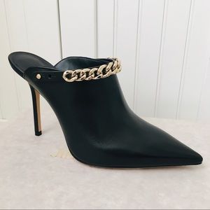 Jimmy Choo Black Leather Pointed-Toe Mule with Gold Chain